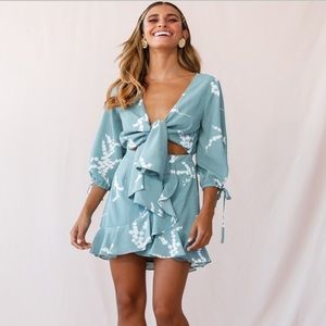 Tie-Front Three Quarter Sleeve Dress Sage